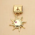 Close-up of golden Italian charm with dangling sun moon motif and pink rhinestone - Sun and Moon Combination Style (7) / Gold Style (7)