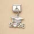 Silver stainless steel Italian link charm featuring a 2026 graduation cap and crystal - Graduation Cap (8)