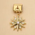 Detailed view of gold-tone stainless steel star charm with clear crystals for Italian modular bracelets - Octagonal Starburst Style (6) / Gold Style (6)