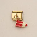 Charm modular italiano dorado con un colgante de lápiz de esmalte rojo y blanco - Lápiz Rojo Eslabón Estilo 3 / Dorado