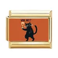 Abalorio modular italiano dorado con gato negro y diseño gráfico 'Wine Not?' - Charm Ilustración de Gato 4 (ZT-MK-383)