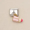 Rosa Bleistift-Emaille-Anhänger für italienisches Edelstahl-Modular-Armband - Rosa Bleistift Glied Stil 4 / Silber
