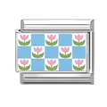 Eslabón de charm italiano de acero con tulipán rosa y diseño de cuadros azul claro - Estilo de Impresión de Tulipán con Tablero de Ajedrez (12)
