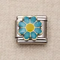 Detailed macro shot of a stainless steel Italian charm with a blue glitter sunflower. - Blue Sunflower (1)