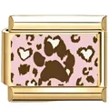 Goldener italienischer Charm-Link mit rosa Leopardenmuster und braunem Pfotenabdruck - Rosa Punkt Pfote Charm / 17