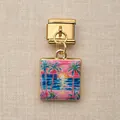 Charm italien doré avec pendentif carré représentant une plage tropicale au coucher du soleil - Plage au Coucher du Soleil (7)