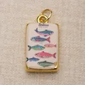 Rectangular copper pendant featuring colorful painted fish illustrations for DIY jewelry - Cream/Multicolor (Sardines)