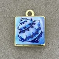 Square gold-plated copper pendant featuring a blue conch illustration for DIY jewelry - Square Conch Style