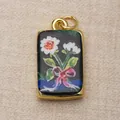 Rectangular gold-framed pendant featuring vibrant colorful floral painting for DIY jewelry. - Black/Multicolor (Pastoral Floral)