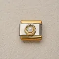 Eslabón de pulsera de dijes italiano en oro y plata con concha y perla decorativa - Estilo Concha Dorada con Perla Artificial (21)