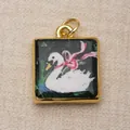 Exquisite hand-painted square copper swan pendant with gold frame for DIY jewelry making - Black/White (Elegant Swan)
