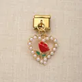 Eleganter goldener italienischer Charm-Link mit herzförmigem Perlen- und Rosendesign - Perlen-Rosen-Herz-Stil (15)