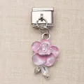 Italienischer Edelstahl-Charm mit rosa Emaille-Blume und funkelndem Kristall-Detail. - Rosa Blume mit Marquise-Stein Stil (14)