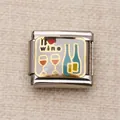 Maillon breloque italienne en acier avec motif 'I heart wine' et bouteilles de vin - Style de Verre à Vin et Cœur (14)
