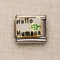 Maillon de charme italien en acier inoxydable avec texte Hello HUMANS et tortue verte - Style Hello Humans avec Tortue (18)