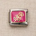 Charm italien en acier inoxydable avec rose rouge élégante sur fond rose - Style de Rose en Émail sur Fond Rose (19)