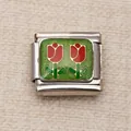 Maillon de breloque italienne en acier inoxydable avec tulipes rouges sur fond pailleté vert - Style de Tulipe sur Fond Vert (20)