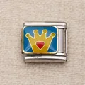 Maillon de bracelet italien en acier avec une couronne jaune et un cœur rouge sur bleu - Motif de Couronne et Cœur Bleu (22)