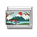 Eslabón de amuleto italiano de acero inoxidable con diseño del Monte Fuji y puerta Torii - Estilo de Impresión de Torii y Monte Fuji (18)