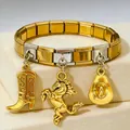 Close-up of Italian modular stainless steel bracelet with gold horse and cowboy hat charms. - Horse Boot Horse Cowboy Hat Style (1)