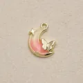 Close-up of gold moon pendant with butterfly and pink enamel gradient - Pink White Gradient Moon Butterfly Style (4)