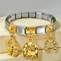 Detail of Italian modular stainless steel bracelet with gold charms and playing cards. - Poker Flush Lucky Horseshoe Style (3)