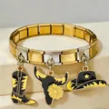 Detailed view of Italian modular bracelet with cowboy boot, bull head and hat charms. - Enamel Boot Bull Head Cowboy Hat Style (4)