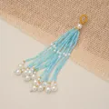 Light blue beaded tassel pendant with white pearls for earrings or phone chain - Dark Blue