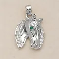 Detailed silver-colored horse head pendant with green gemstone eye for DIY jewelry making - Rhinestone Horse Head / Pendant Only (No Chain)