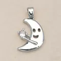 Whimsical silver-tone crescent moon pendant featuring a smiling face and sparkling round zircon - Cartoon Smiling Moon / Pendant Only (No Chain)