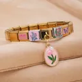 Bracelet à breloques modulable italien en acier bicolore avec pendentif fleur tulipe - 5