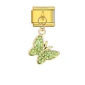 Detailansicht eines goldenen Schmetterling-Anhängers mit grünen Kristallen für Armband. - Gold Basis Grüner Strass