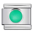 Detailed macro view of a silver stainless steel Italian charm link with vibrant green center - Round Green Decor Style (ICY653)