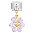 Close-up detail of Italian charm link with a lavender crystal flower pendant decoration - Silver Base Purple Flower (ICG786-2)