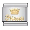 Primo piano di corona dorata e scritta Princess su ciondolo modulare in acciaio inossidabile - Principessa Corona d'Oro (ICY406)