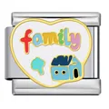 Detail shot of heart-shaped stainless steel Italian charm with 'family' enamel text - Family Rainbow Heart Style (ICJ2310)