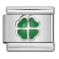Silver stainless steel modular charm link featuring a glossy green four-leaf clover - Heart Leaves Green (ICY687)
