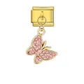 Detailansicht eines goldfarbenen italienischen Charm-Links mit rosa Strass-Schmetterling. - Gold Basis Rosa Strass
