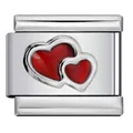 Dettaglio del charm modulare in acciaio con doppio cuore in smalto rosso. - Cuori Rossi Nidificati (ICY422)