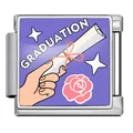 Macro detail of an Italian modular bracelet charm with graduation diploma and rose - Cap with Diploma Hand (ICP-JFAA0075-1) / Silver