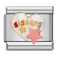 Close-up of stainless steel heart charm with sisters text for Italian modular bracelet - Sisters Heart Style (ICJ528)
