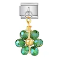 Close-up detail of faceted green crystal beads forming a flower on a gold-wired charm - Silver Base Green Flower (ICG784-2)