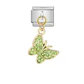 Italienisches Charm-Glied mit grünem Kristall-Schmetterling in Gold und Silber - Goldener Schmetterling Anhänger (ICG576-2) / Silberne Basis Grüner Strass
