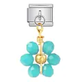 Modular stainless steel Italian link charm featuring a turquoise crystal flower pendant - Silver Base Blue-Green Flower (ICG783-2)