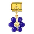 Premium gold-plated Italian charm bracelet link featuring a blue faceted crystal flower - Gold Base Blue Flower (ICG787)
