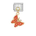 Eleganter Schmetterlings-Charm für italienische Modularmbänder mit hellen orangefarbenen Kristallen - Goldener Schmetterling Anhänger (ICG576-3) / Silberne Basis Rote Strasssteine