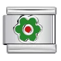 Stainless steel Italian charm link featuring a green flower with a red center detail - Green Enamel Flower Pattern (#5) / Single Module