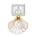 Elegant gold-tone scallop shell Italian charm link with white enamel and a central pearl accent - Single Link Module (ICG005) / White Artificial Pearl Shell (ICG005)