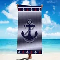 Microfiber beach towel with nautical navy blue stripes and anchor print design - 150x70cm / Anchor