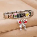 Bracelet modulaire italien en acier inoxydable avec pendentif papillon rouge et fleurs - 7